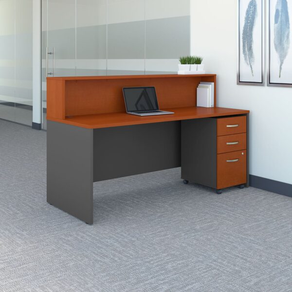 dual orthopedic office seat, 3-door wooden filing cabinet, clerical office, adjustable electric office table