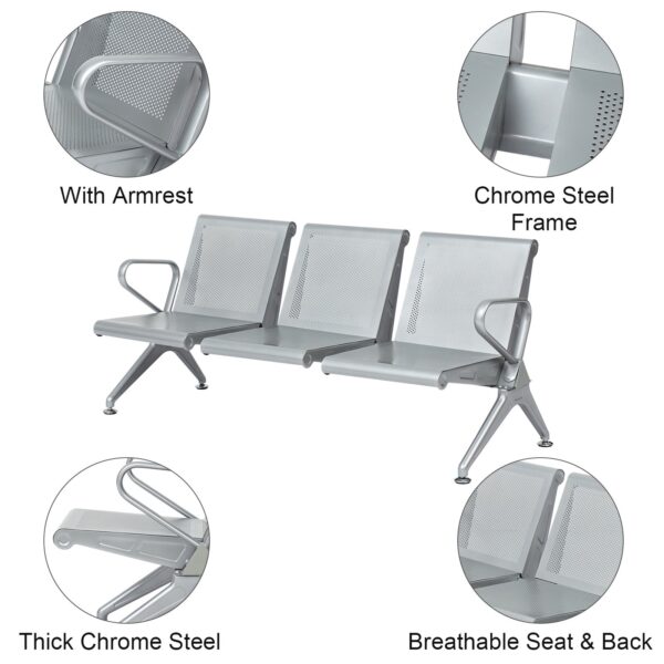 1-way office workstation, mahogany coat hanger, ergonomic office seat, 3-door wooden credenza, round conference table, 5-seater waiting sofa