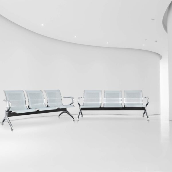 2-way office workstation, 5-seater waiting sofa, orthopedic office seat, 2-door wooden credenza, ergonomic office seat, minimalistic office desk, dual orthopedic office seat