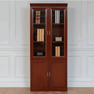 2-door wooden credenza, advanced office desk, cashier height office seat, 6-lockers filing cabinet, modern glass coffee table, 5-seater office waiting sofa