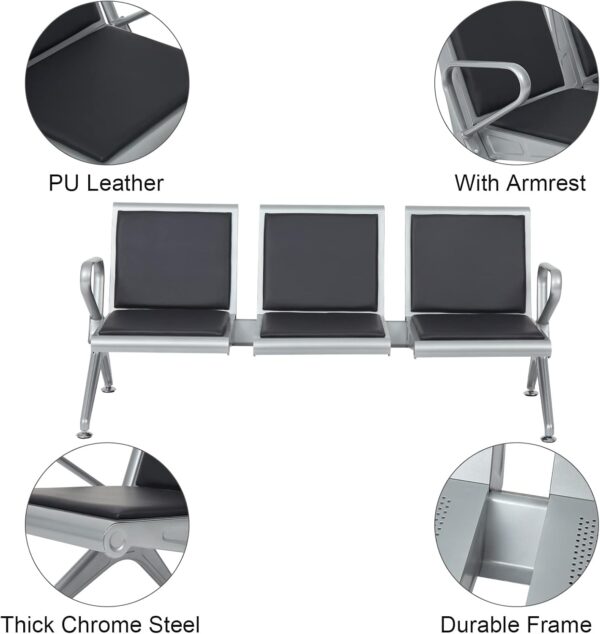 4-way curved office workstation, 2-link office waiting bench, executive visitors seat, 3-door mahogany finish office waiting filing cabinet, adjustable orthopedic office seat