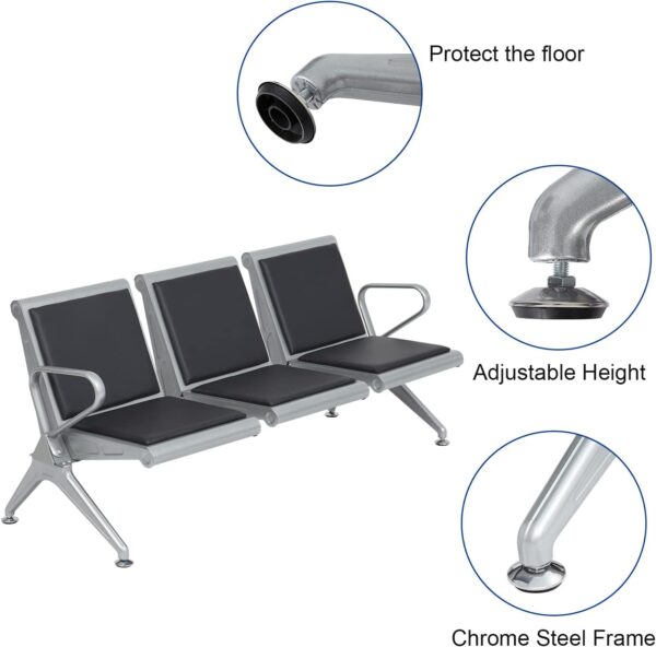 4-way curved office workstation, 2-link office waiting bench, executive visitors seat, 3-door mahogany finish office waiting filing cabinet, adjustable orthopedic office seat