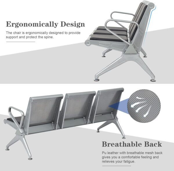 4-way curved office workstation, 2-link office waiting bench, executive visitors seat, 3-door mahogany finish office waiting filing cabinet, adjustable orthopedic office seat