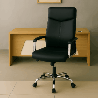 4-way curved office workstation, 2-link office waiting bench, executive visitors seat, 3-door mahogany finish office waiting filing cabinet, adjustable orthopedic office seat