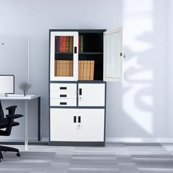 dual orthopedic seat, clerical office seat, 4-way curved office workstation, 2-link office waiting bench, executive visitors seat, 3-door mahogany finish office waiting filing cabinet, adjustable orthopedic office seat