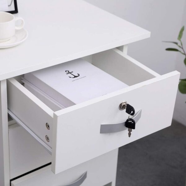 3-drawers movable pedestal. foldable office desk, mahogany office coat hanger, adjustable ergonomic seat, 4-link office waiting bench, 15-lockers filing cabinet