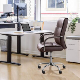 mid back office seat, half glass filing cabinet, recliner directors seat, mahogany coffee table, round dining table, 3-door mahogany filing cabinet