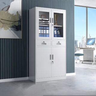 6-way office workstation, white 2-door wooden credenza, 4-link office waiting bench, 3-door movable pedestal, 5-seater waiting sofa