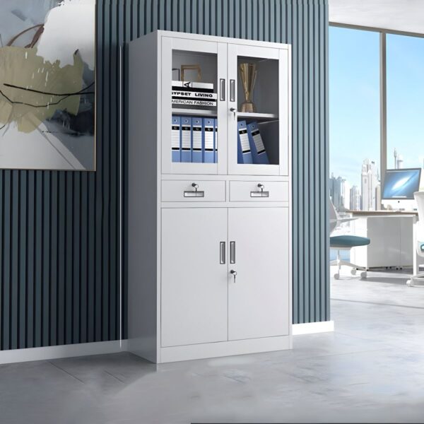 6-way office workstation, white 2-door wooden credenza, 4-link office waiting bench, 3-door movable pedestal, 5-seater waiting sofa