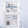 6-way office workstation, white 2-door wooden credenza, 4-link office waiting bench, 3-door movable pedestal, 5-seater waiting sofa