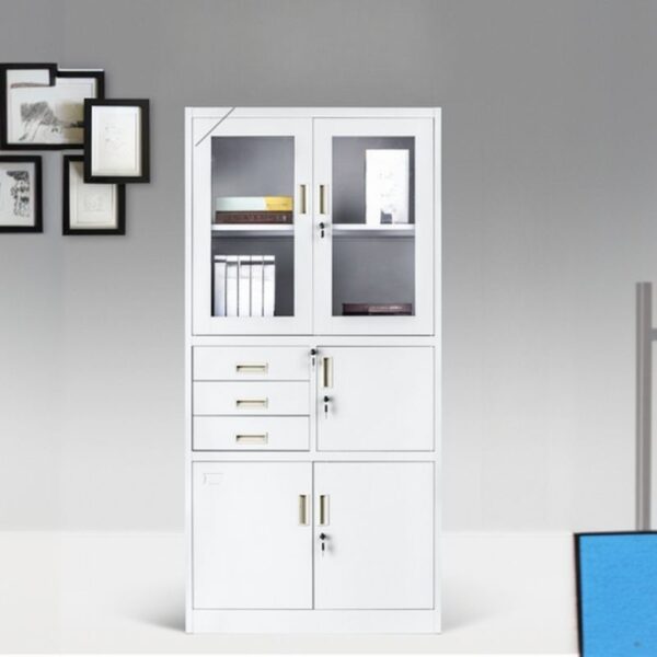 1-way office workstation, 4-way curved office workstation, 2-link office waiting bench, executive visitors seat, 3-door mahogany finish office waiting filing cabinet, adjustable orthopedic office seat