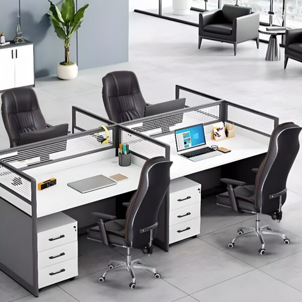 1-way office workstation, 4-way curved office workstation, 2-link office waiting bench, executive visitors seat, 3-door mahogany finish office waiting filing cabinet, adjustable orthopedic office seat