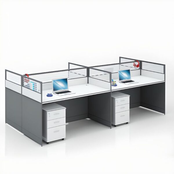 1-way office workstation, 4-way curved office workstation, 2-link office waiting bench, executive visitors seat, 3-door mahogany finish office waiting filing cabinet, adjustable orthopedic office seat