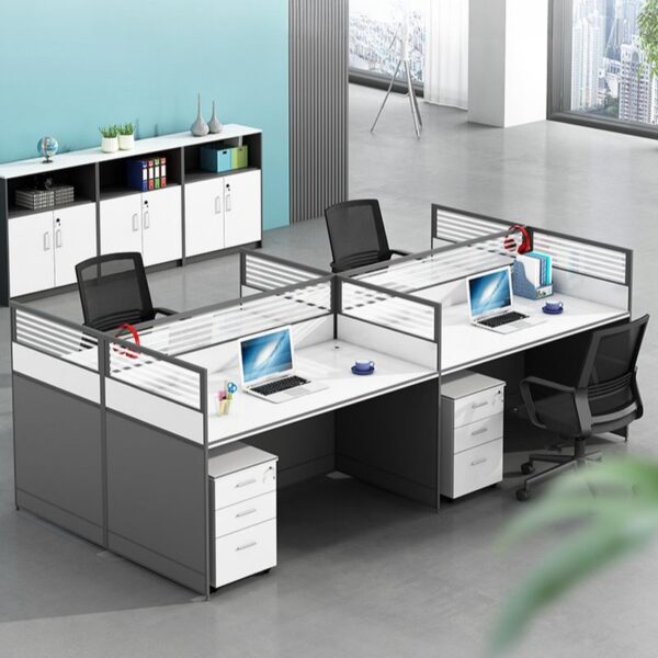 1-way office workstation, 4-way curved office workstation, 2-link office waiting bench, executive visitors seat, 3-door mahogany finish office waiting filing cabinet, adjustable orthopedic office seat