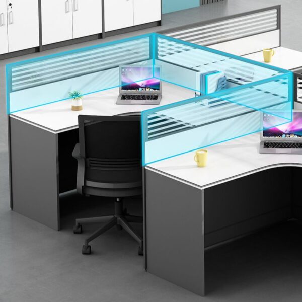 1-way office workstation, 4-way curved office workstation, 2-link office waiting bench, executive visitors seat, 3-door mahogany finish office waiting filing cabinet, adjustable orthopedic office seat