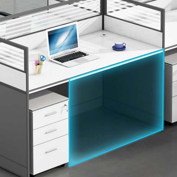 1-way office workstation, 4-way curved office workstation, 2-link office waiting bench, executive visitors seat, 3-door mahogany finish office waiting filing cabinet, adjustable orthopedic office seat
