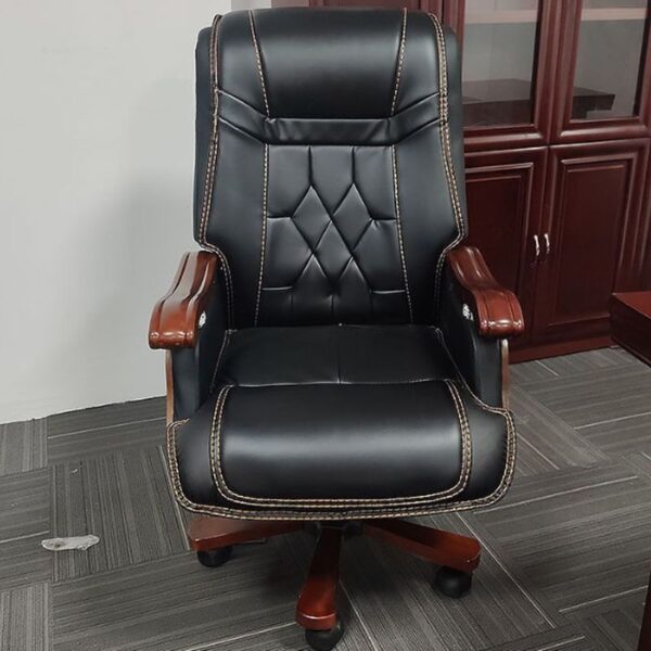 Upgrade your workspace with our premium executive office chair, meticulously crafted for professionals who demand both luxury and functionality. Designed with a commanding presence, this chair features plush black leather upholstery, complemented by intricate diamond-pattern stitching that adds a refined aesthetic. The solid wood armrests and sturdy wooden base enhance durability and sophistication, while the smooth-rolling casters ensure effortless mobility. With an ergonomic design tailored for extended use, this chair provides adjustable comfort settings, supporting proper posture and reducing fatigue. Whether in a corporate office or an elegant home workspace, it delivers a perfect blend of style, support, and durability to redefine your seating experience.