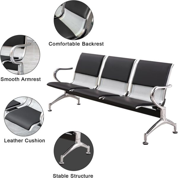 4-way curved office workstation, 2-link office waiting bench, executive visitors seat, 3-door mahogany finish office waiting filing cabinet, adjustable orthopedic office seat