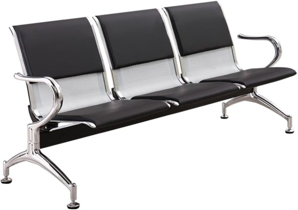 4-way curved office workstation, 2-link office waiting bench, executive visitors seat, 3-door mahogany finish office waiting filing cabinet, adjustable orthopedic office seat