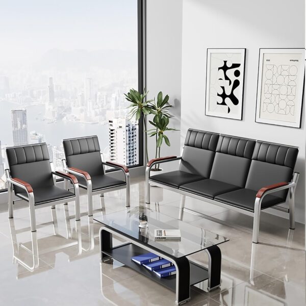 5-Seater office waiting sofa, full glass filing cabinet, clerical office seat, 1600mm advanced office desk, mahogany coffee table, glass modern coffee table, 4-link office waiting bench