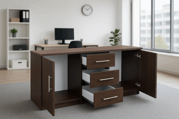minimalistic office desk, mahogany office coat hanger, adjustable ergonomic seat, 4-link office waiting bench, 15-lockers filing cabinet