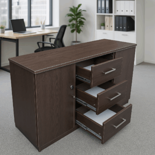 minimalistic office desk, mahogany office coat hanger, adjustable ergonomic seat, 4-link office waiting bench, 15-lockers filing cabinet
