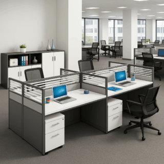 1-way office workstation, 4-way curved office workstation, 2-link office waiting bench, executive visitors seat, 3-door mahogany finish office waiting filing cabinet, adjustable orthopedic office seat