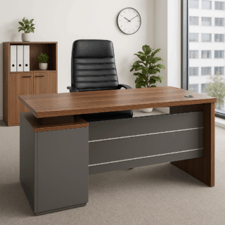 1-way office workstation, 4-way curved office workstation, 2-link office waiting bench, executive visitors seat, 3-door mahogany finish office waiting filing cabinet, adjustable orthopedic office seat