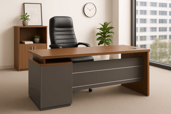 1-way office workstation, 4-way curved office workstation, 2-link office waiting bench, executive visitors seat, 3-door mahogany finish office waiting filing cabinet, adjustable orthopedic office seat