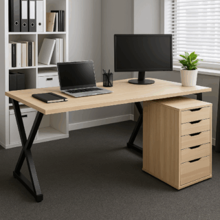 white 2-door wooden credenza, 4-link office waiting bench, 3-door movable pedestal, 5-seater waiting sofa