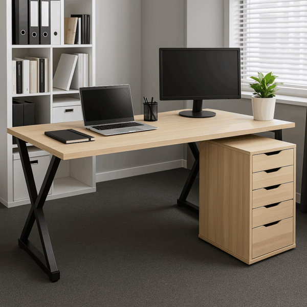 white 2-door wooden credenza, 4-link office waiting bench, 3-door movable pedestal, 5-seater waiting sofa