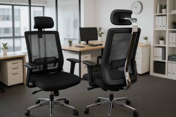 dual orthopedic seat, 1-way office workstation, 4-way curved office workstation, 2-link office waiting bench, executive visitors seat, 3-door mahogany finish office waiting filing cabinet, adjustable orthopedic office seat