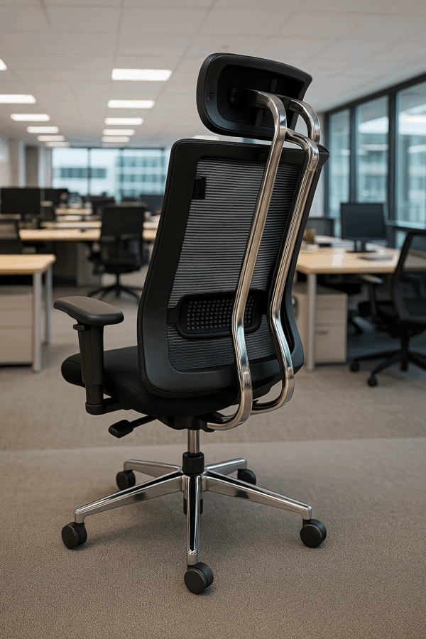 dual orthopedic seat, 1-way office workstation, 4-way curved office workstation, 2-link office waiting bench, executive visitors seat, 3-door mahogany finish office waiting filing cabinet, adjustable orthopedic office seat