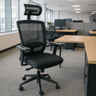 1-way office workstation, 4-way curved office workstation, 2-link office waiting bench, executive visitors seat, 3-door mahogany finish office waiting filing cabinet, adjustable orthopedic office seat
