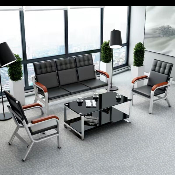 5-Seater office waiting sofa, full glass filing cabinet, clerical office seat, 1600mm advanced office desk, mahogany coffee table, glass modern coffee table, 4-link office waiting bench