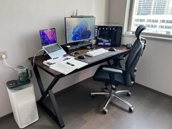 4-way curved office workstation, 2-link office waiting bench, executive visitors seat, 3-door mahogany finish office waiting filing cabinet, adjustable orthopedic office seat