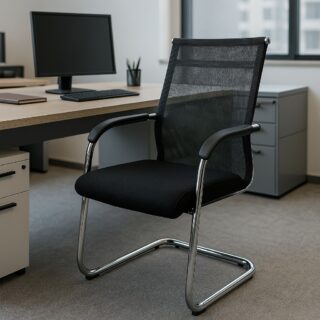 4-way curved office workstation, 2-link office waiting bench, executive visitors seat, 3-door mahogany finish office waiting filing cabinet, adjustable orthopedic office seat