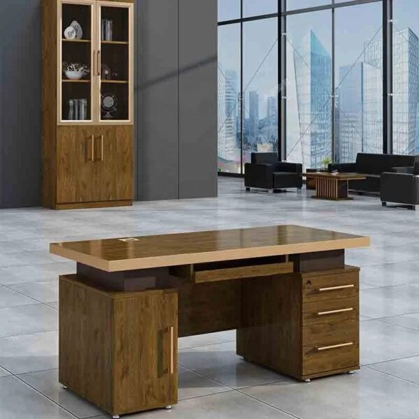 4-way curved office workstation, 2-link office waiting bench, executive visitors seat, 3-door mahogany finish office waiting filing cabinet, adjustable orthopedic office seat
