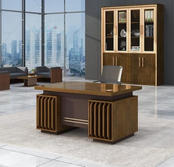 4-way curved office workstation, 2-link office waiting bench, executive visitors seat, 3-door mahogany finish office waiting filing cabinet, adjustable orthopedic office seat