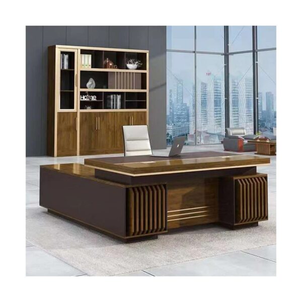 4-way curved office workstation, 2-link office waiting bench, executive visitors seat, 3-door mahogany finish office waiting filing cabinet, adjustable orthopedic office seat