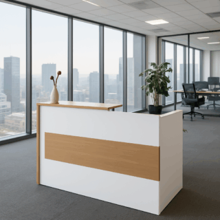 2-Way workstation, ergonomic seat, dual orthopedic seat, reception desk, butterfly seat, office desk