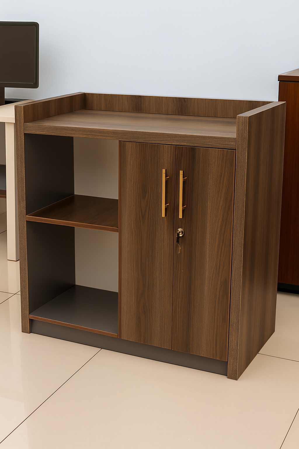 3-link heavy duty waiting bench, 2.4m boardroom table, Mahogany Coat HANGER, Headrest Office Chair, Wooden executive desk, dining table, high back executive chair, 15-locker filing cabinet,