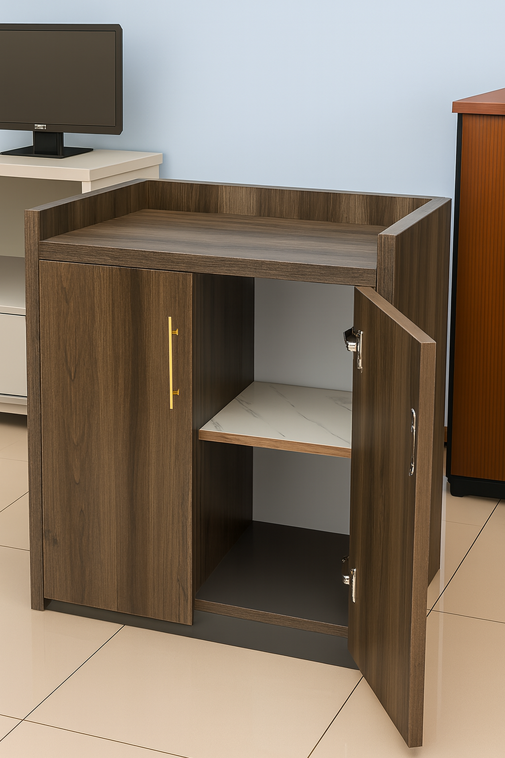 3-link heavy duty waiting bench, 2.4m boardroom table, Mahogany Coat HANGER, Headrest Office Chair, Wooden executive desk, dining table, high back executive chair, 15-locker filing cabinet,