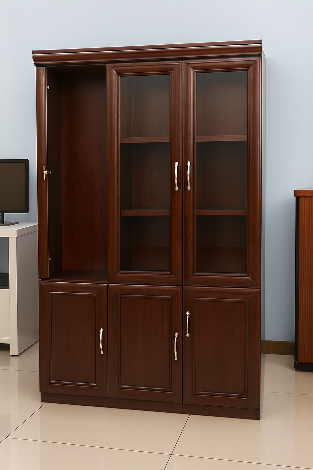 3-link heavy duty waiting bench, 2.4m boardroom table, Mahogany Coat HANGER, Headrest Office Chair, Wooden executive desk, dining table, high back executive chair, 15-locker filing cabinet,