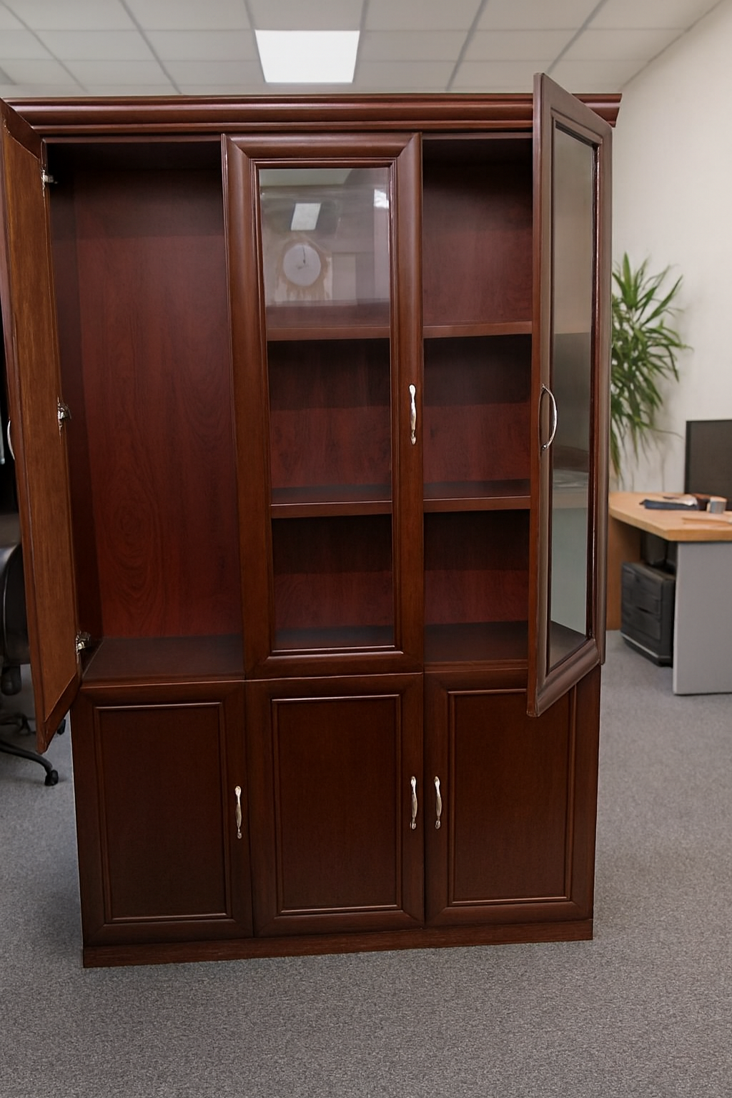 3-link heavy duty waiting bench, 2.4m boardroom table, Mahogany Coat HANGER, Headrest Office Chair, Wooden executive desk, dining table, high back executive chair, 15-locker filing cabinet,