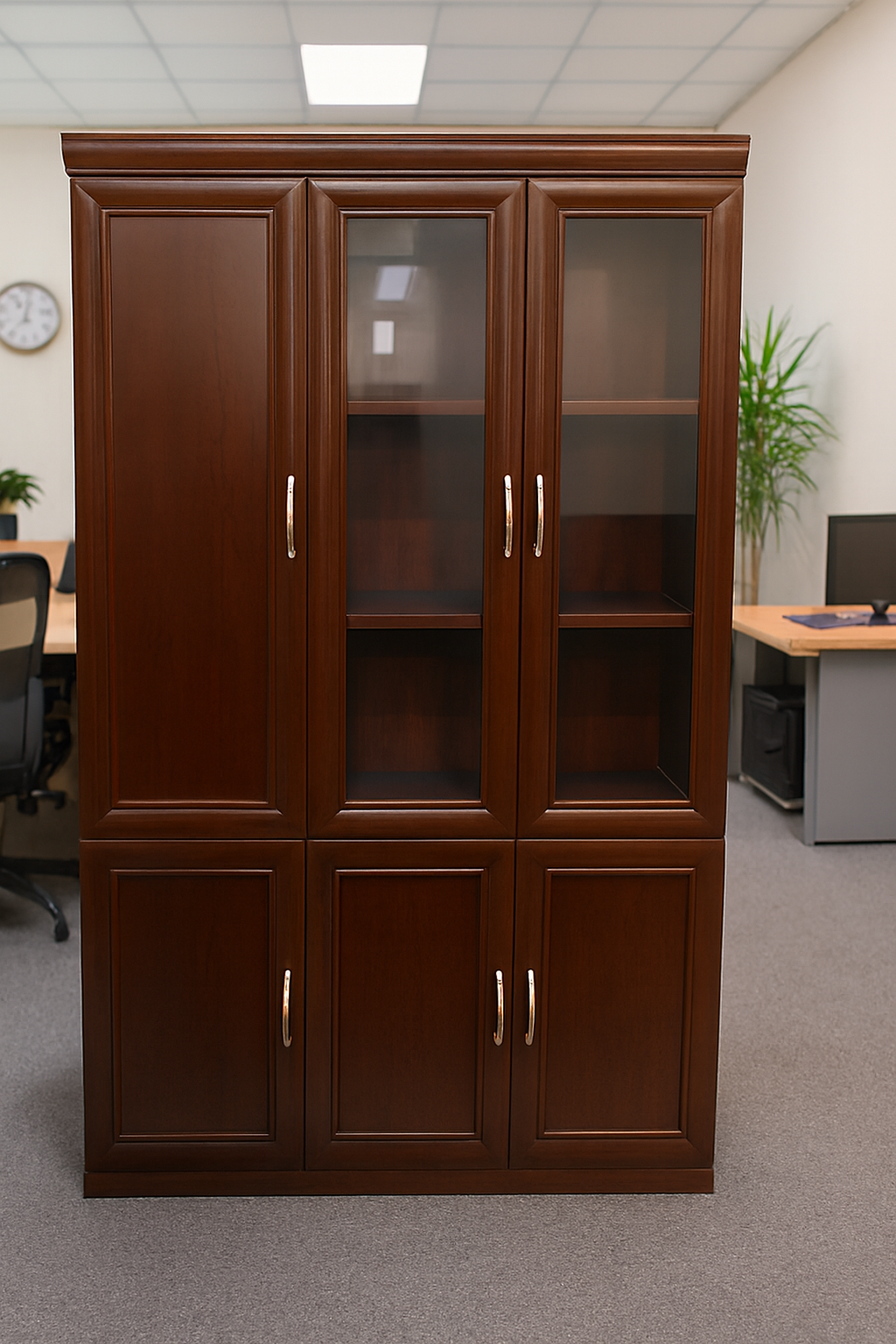 3-link heavy duty waiting bench, 2.4m boardroom table, Mahogany Coat HANGER, Headrest Office Chair, Wooden executive desk, dining table, high back executive chair, 15-locker filing cabinet,