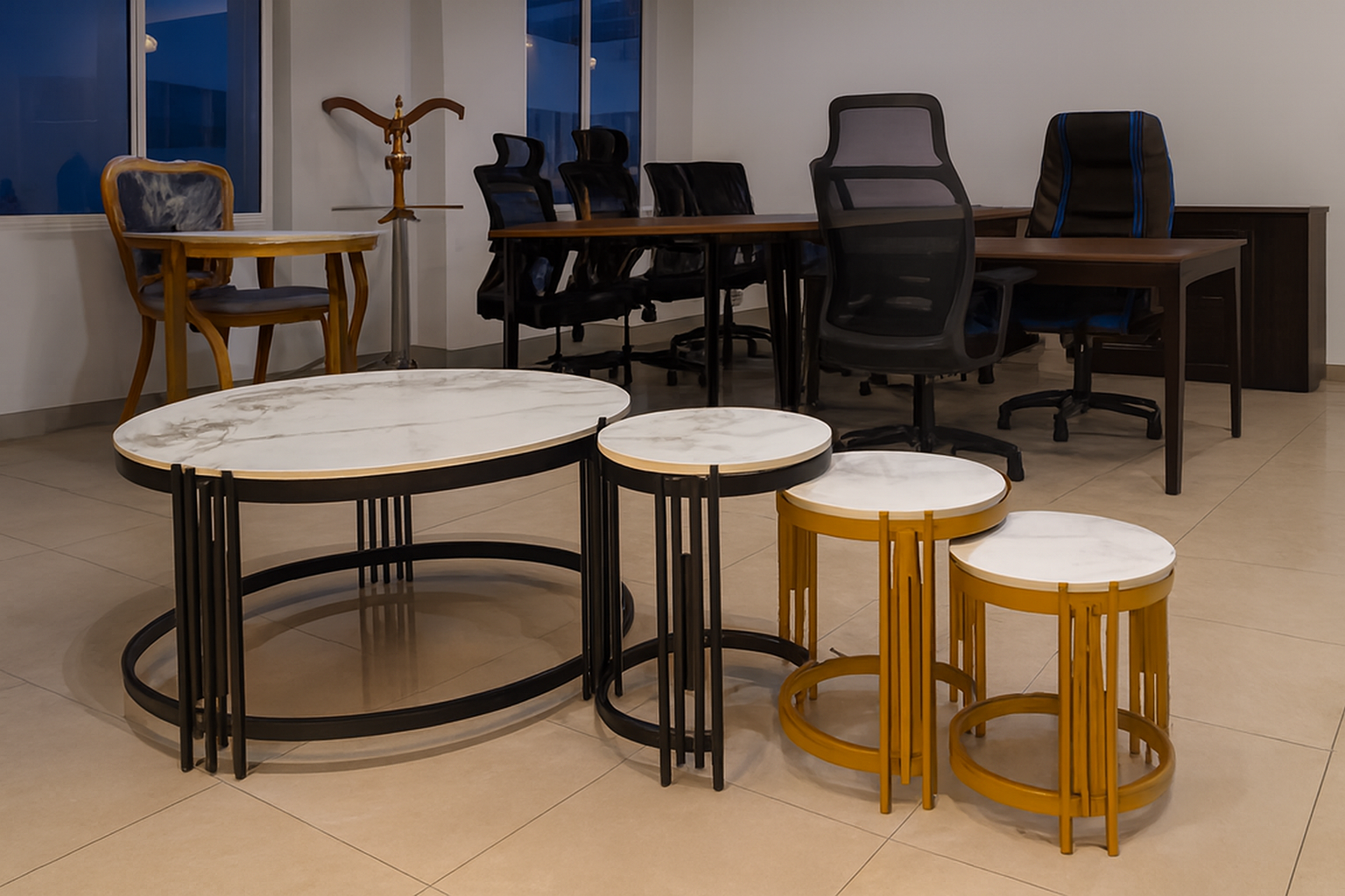 6-way workstation, executive seat, coat hanger, reception desk, secretarial seats, visitor seat, office desk