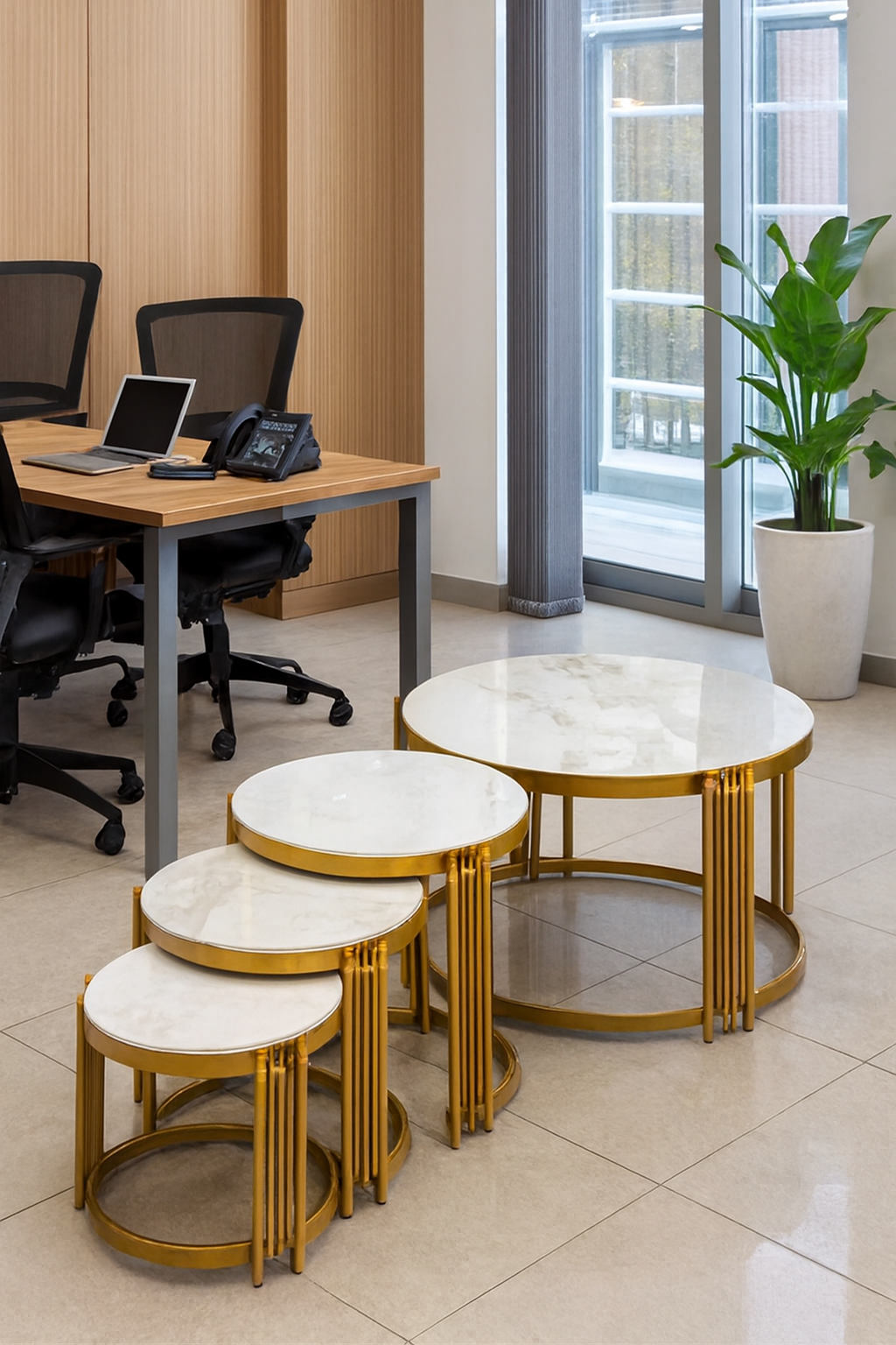 6-way workstation, executive seat, coat hanger, reception desk, secretarial seats, visitor seat, office desk