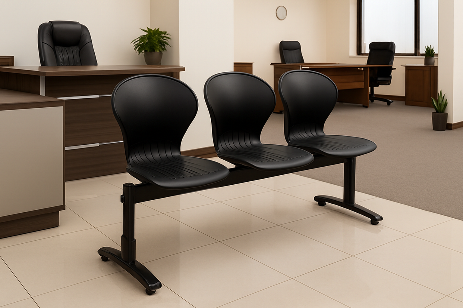 3-link heavy duty waiting bench, 2.4m boardroom table, Mahogany Coat HANGER, Headrest Office Chair, Wooden executive desk, dining table, high back executive chair, 15-locker filing cabinet,