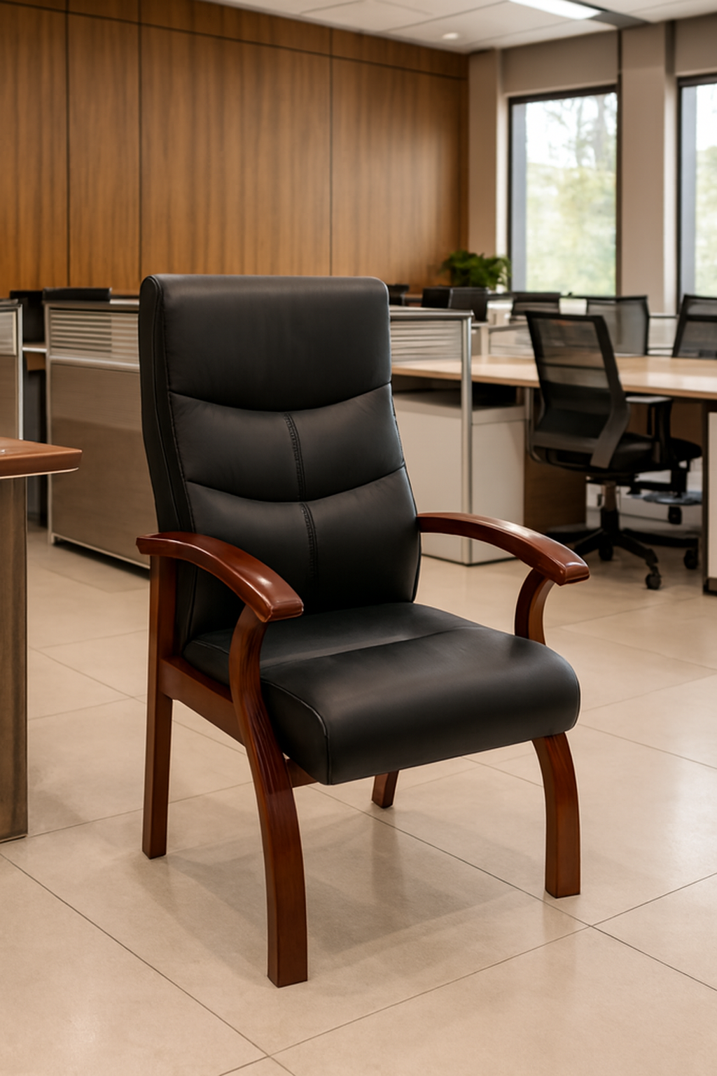 3-link heavy duty waiting bench, 2.4m boardroom table, Mahogany Coat HANGER, Headrest Office Chair, Wooden executive desk, dining table, high back executive chair, 15-locker filing cabinet,